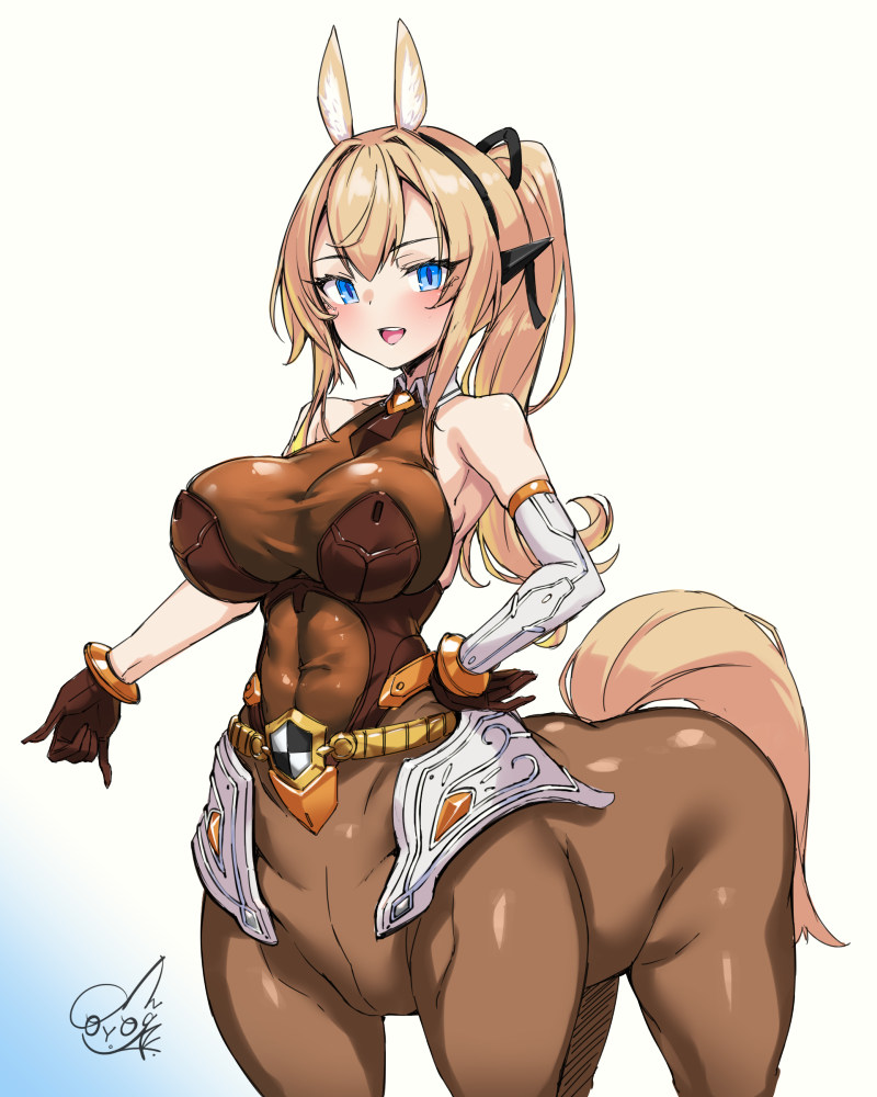 1girl :d animal_ears arcanadea armpits bare_shoulders black_gloves blonde_hair blue_eyes bodysuit breasts brown_bodysuit centaur cleavage commentary_request covered_navel cowboy_shot detached_sleeves doyouwantto elena_(arcanadea) gloves gold_belt grey_sleeves hair_between_eyes hand_on_own_hip horse_ears horse_tail large_breasts long_hair looking_at_viewer monster_girl multiple_legs open_mouth ponytail see-through_cleavage see-through_clothes sidelocks signature single_detached_sleeve skindentation sleeveless sleeveless_bodysuit smile solo standing tail taur teeth upper_teeth_only