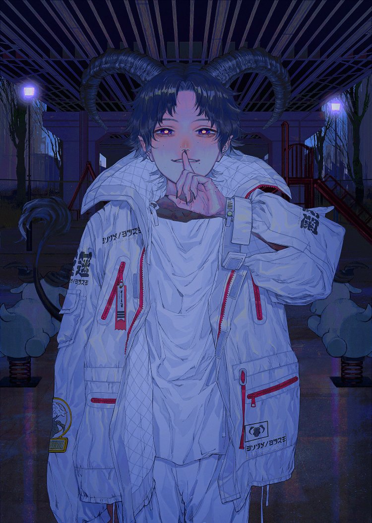 1boy black_hair black_nails commentary_request cowboy_shot finger_to_mouth fingernails freckles glowing glowing_pupils goat_horns goat_tail horns index_finger_raised jacket k0gam1 lamppost looking_at_viewer male_focus mole mole_under_eye mole_under_mouth night open_clothes open_jacket original outdoors pants parted_lips print_jacket sharp_fingernails shirt short_hair solo teeth white_jacket white_pants white_shirt