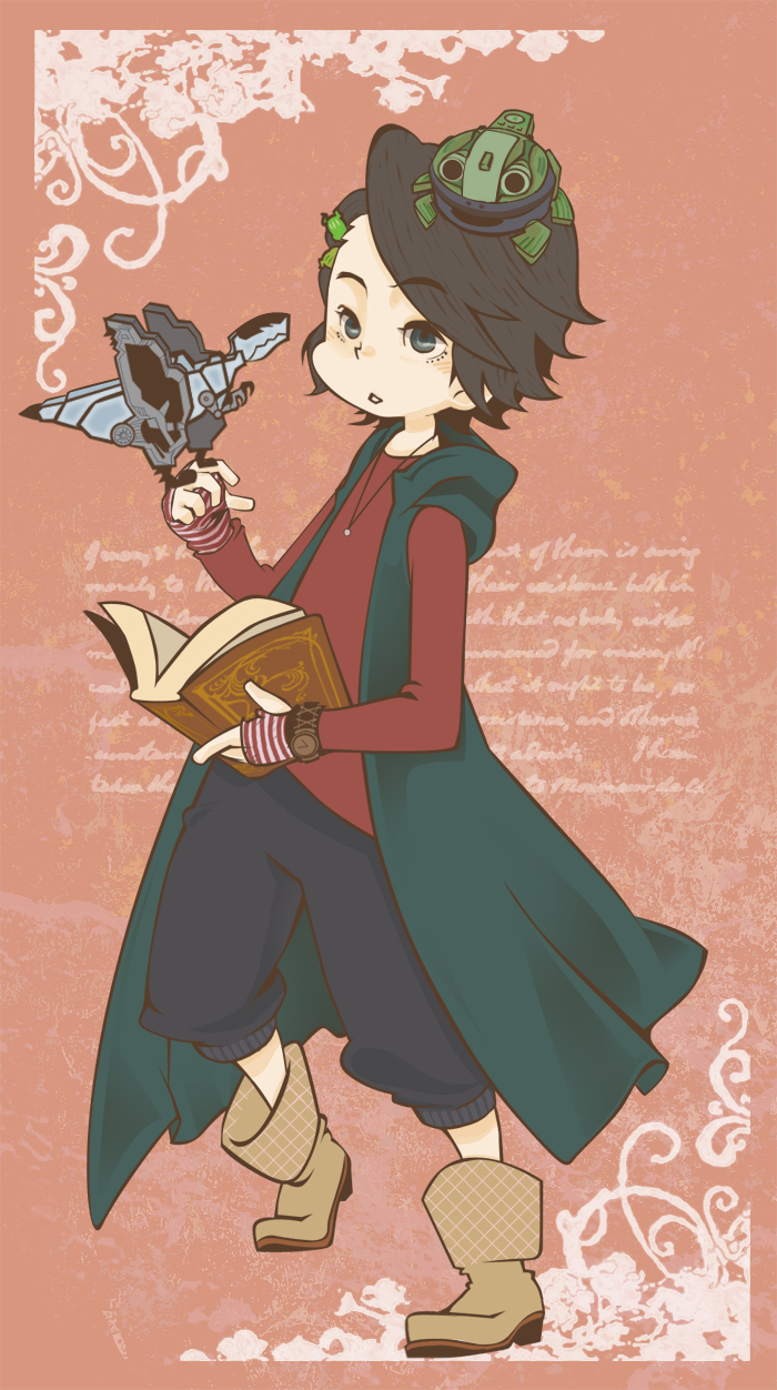 1boy bad_id bad_pixiv_id book chibi fang_memory frog_pod highres kamen_rider kamen_rider_w ma:ki mackey male_focus philip philip_(kamen_rider)
