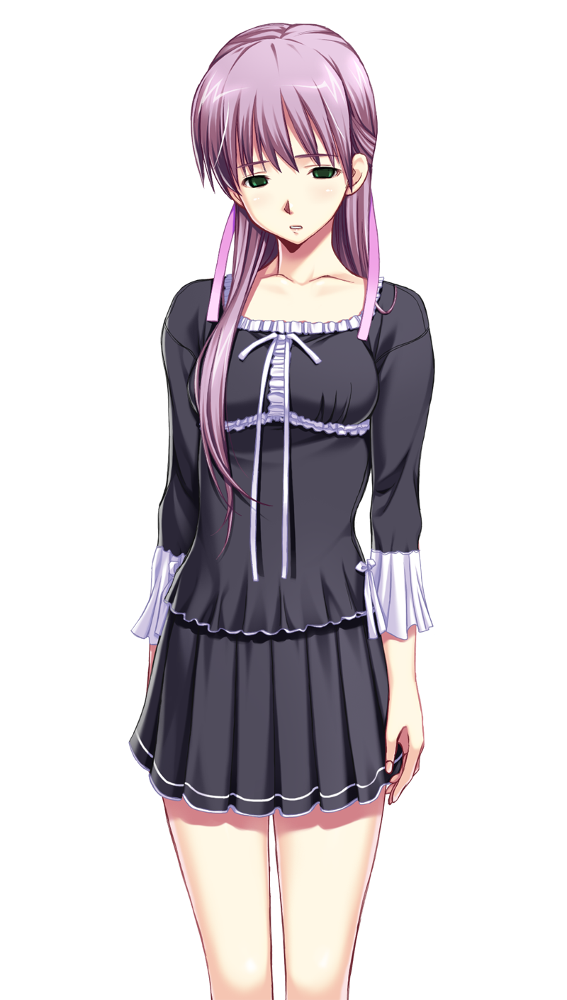 1girl black_shirt black_skirt collarbone female_focus green_eyes hair_over_shoulder hair_ribbon highres london_inu long_hair looking_back official_art pleated_skirt purple_hair purple_ribbon ribbon shirt skirt solo soushinjutsu_3 standing transparent_background yoshimine_rei