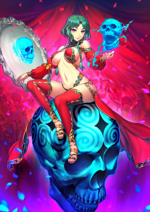 1girl bare_shoulders black_collar blue_fire bra braid breasts breasts_apart closed_mouth collar detached_leggings detached_sleeves fate/grand_order fate_(series) fingernails fire full_body game_cg gold_sandals green_hair halterneck hand_up jewelry knee_up leggings lips long_sleeves looking_at_viewer medium_breasts mirror navel official_art outstretched_arm puffy_sleeves purple_eyes purple_nails red_bra red_leggings red_petals red_skirt red_sleeves salome_(fate) sandals short_hair_with_long_locks showgirl_skirt sideboob simosi sitting skirt skull smile solo stomach third-party_source toenails turtleneck underwear variant_set