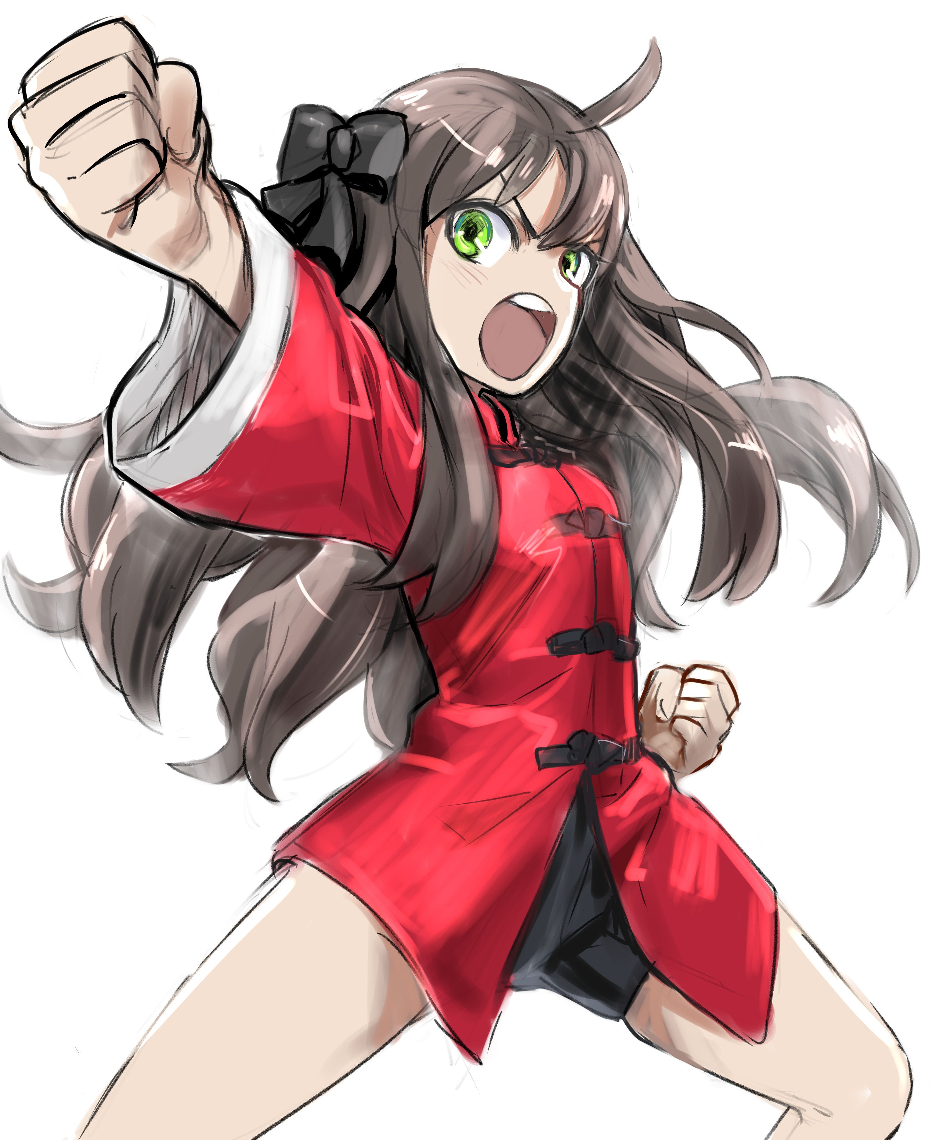 1girl 774_(nanashi) absurdres ahoge arima_miyako bajiquan_(martial_arts) black_bow black_shorts bow brown_hair chinese_clothes clenched_hands commentary_request fighting_stance green_eyes hair_bow highres kung_fu long_hair melty_blood punching serious short_shorts shorts solo tsukihime