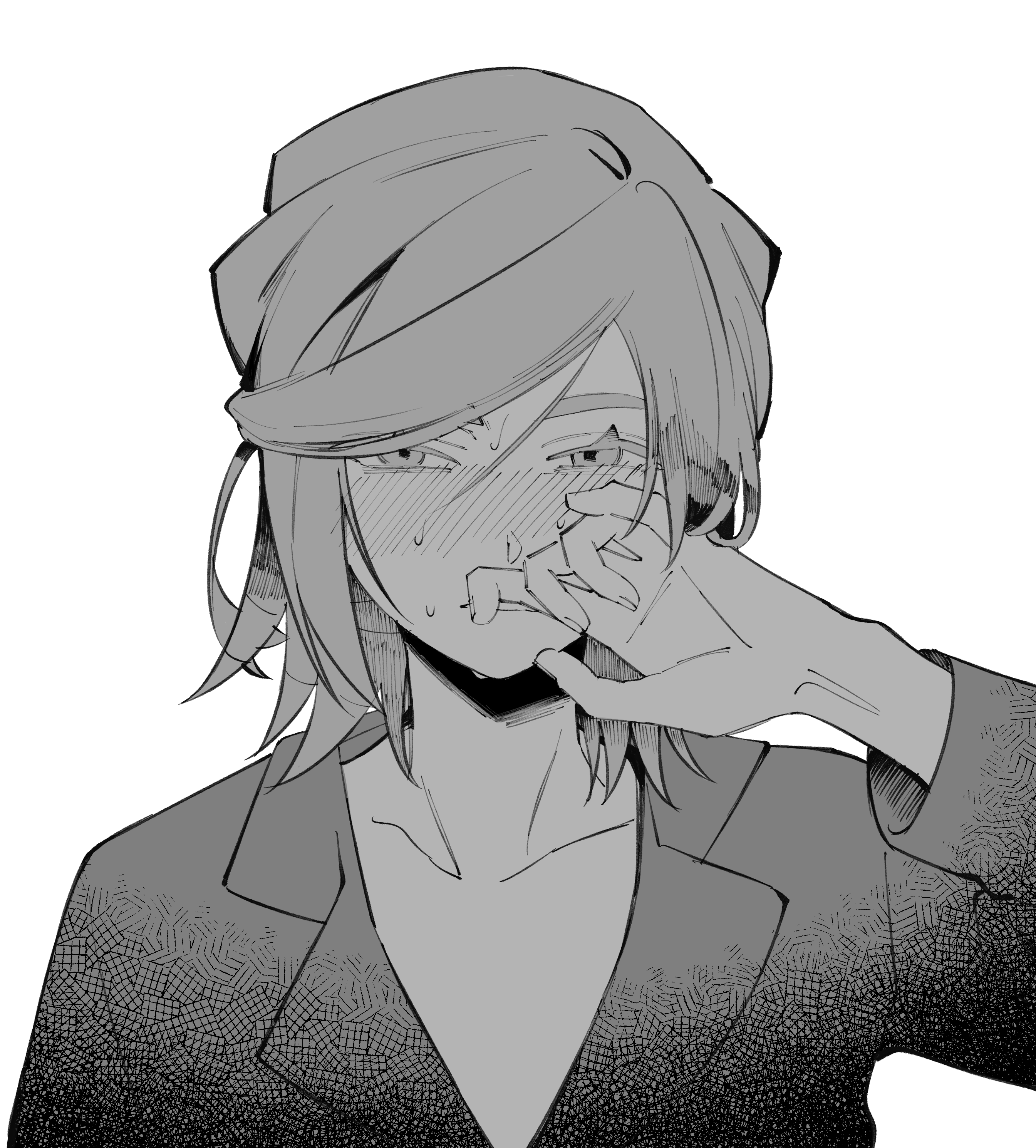 1boy absurdres blush collarbone commentary_request eyebrows_hidden_by_hair grusha_(pokemon) half-closed_eyes hei_tai_(kyaputen1) highres male_focus nintendo pokemon pokemon_sv solo sweat