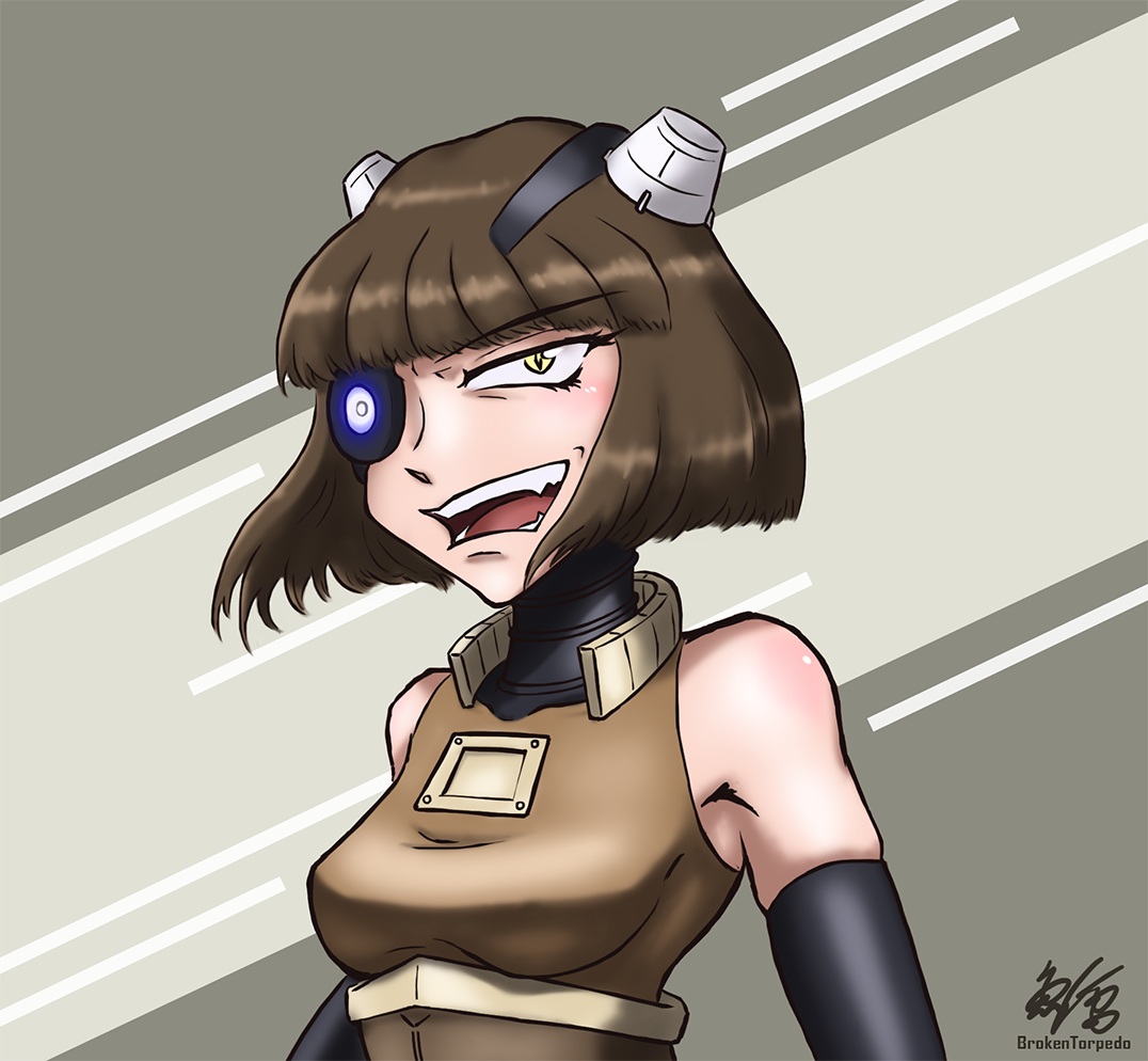 1girl broken_torpedo dalek doctor_who elbow_gloves eyepatch female_focus gloves looking_at_viewer personification short_hair simple_background solo teeth yellow_eyes