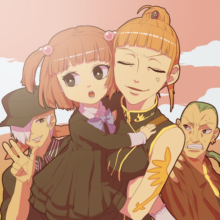 00s 07th_expansion 2boys 2girls aged_down amakusa_juuza bow bowtie breasts child dress earrings green_hair grin hair_bobbles hair_ornament hat jewelry multiple_boys multiple_girls necktie niso no_naku_koro_ni_(series) okonogi_tetsurou orange_hair red_hair short_twintails silver_hair smile socks sweatdrop time_paradox twintails umineko_no_naku_koro_ni ushiromiya_ange ushiromiya_eva v