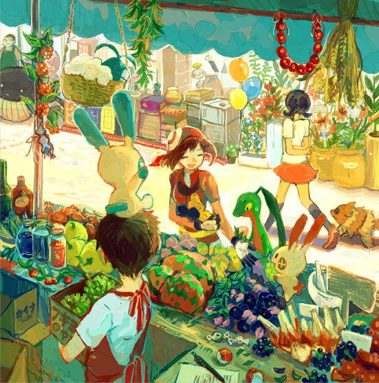 00s 2girls 3boys absurdly_detailed_composition apron awning balloon bandana basket berry berry_(pokemon) black_hair black_socks bluk_berry bottle box brown_hair cabinet candy chingling colored_sclera complex_exterior durin_berry figy_berry flower flower_pot food fruit gen_3_pokemon gen_4_pokemon gloves grepa_berry grovyle hat jar kneehighs lass_(pokemon) lass_(pokemon_rse) leaf market may_(pokemon) minahamu miniskirt minun mortar_(bowl) multiple_boys multiple_girls nintendo on_head open_mouth paper pecha_berry pen pestle plant plusle poke_ball pokemon pokemon_(creature) pokemon_on_head pokemon_rse pomeg_berry shirt short_hair short_sleeves short_twintails sitrus_berry skirt smile socks standing swablu t-shirt twintails wailmer walking watmel_berry wheat wind_chime yellow_sclera zigzagoon