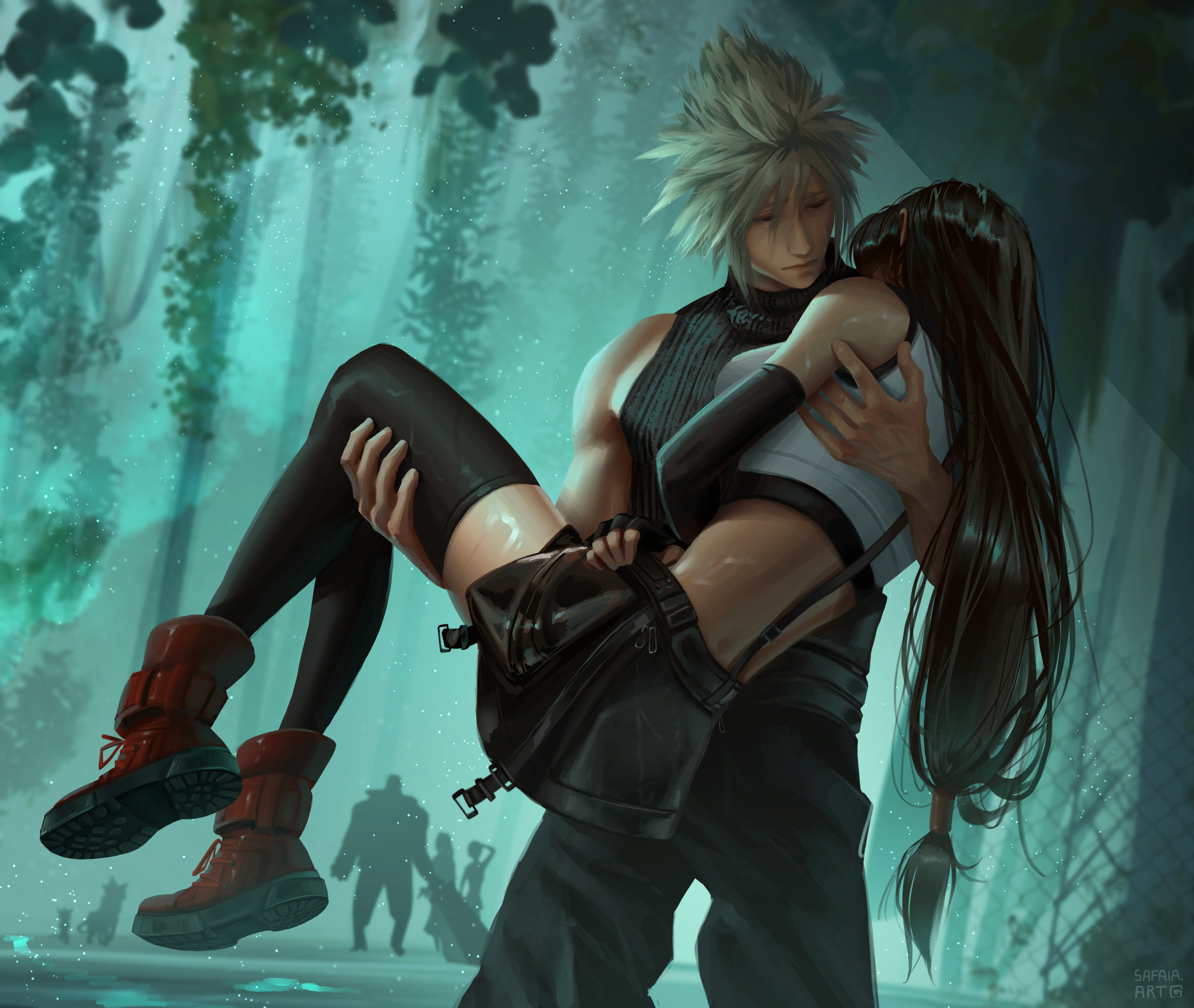 3boys 3girls absurdres aerith_gainsborough baggy_pants bare_arms bare_shoulders barret_wallace black_gloves black_hair black_skirt black_sports_bra black_thighhighs blonde_hair blurry blurry_background boots breasts cait_sith_(final_fantasy) carrying closed_mouth cloud_strife commentary cowboy_shot crop_top elbow_gloves english_commentary final_fantasy final_fantasy_vii final_fantasy_vii_rebirth final_fantasy_vii_remake full_body gloves highres large_breasts long_hair looking_at_another low-tied_long_hair midriff multiple_boys multiple_girls outdoors pants princess_carry red_footwear red_xiii ribbed_sweater safaia short_hair silhouette skirt sleeveless sleeveless_turtleneck spiked_hair sports_bra standing suspender_skirt suspenders sweater tank_top tears thighhighs tifa_lockhart turtleneck turtleneck_sweater wet wet_clothes wet_hair white_tank_top yuffie_kisaragi zettai_ryouiki