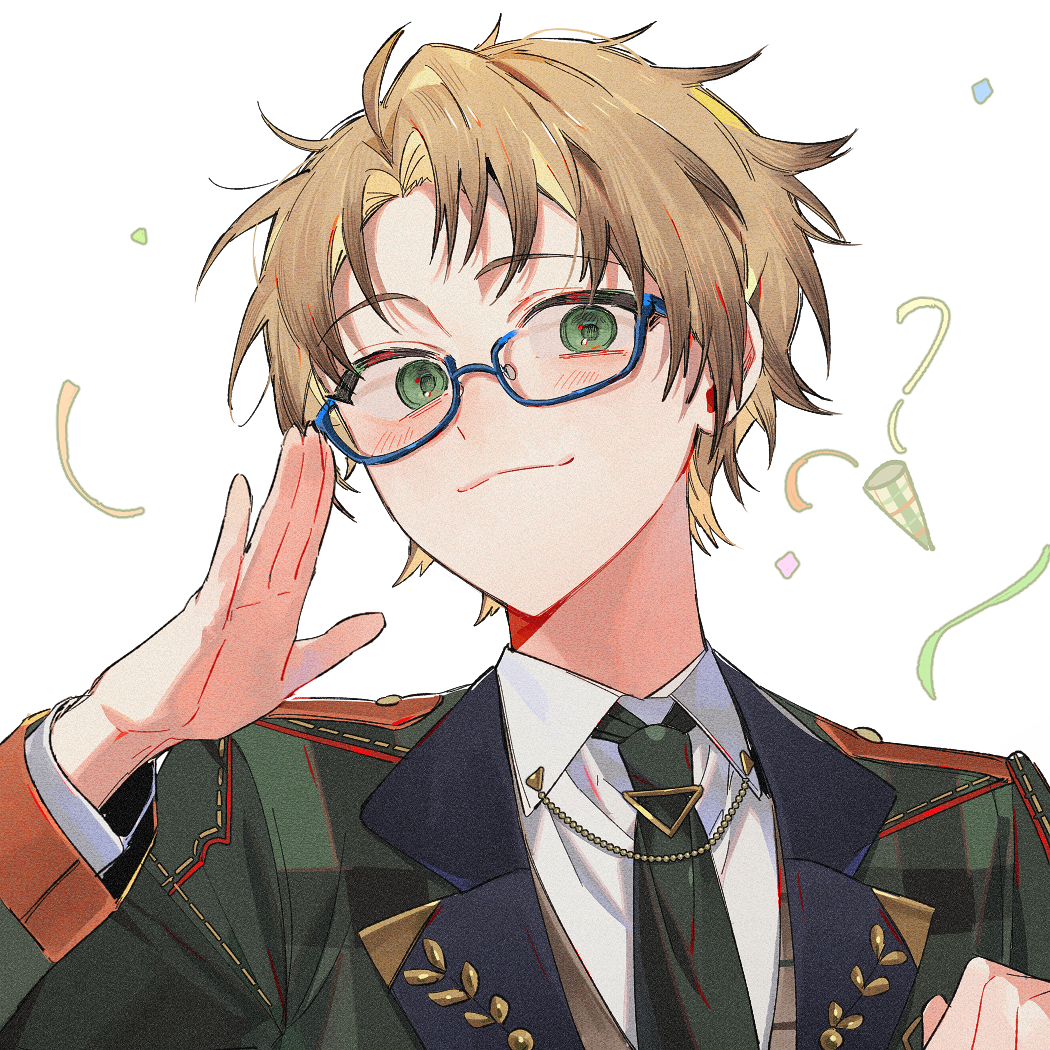 1boy :3 anight blonde_hair blue-framed_eyewear blush confetti ensemble_stars! glasses green_eyes green_jacket green_necktie jacket looking_at_viewer male_focus necktie official_alternate_costume parted_bangs semi-rimless_eyewear short_hair simple_background solo upper_body white_background yuuki_makoto_(ensemble_stars!)