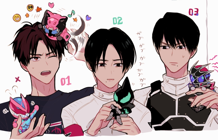 6+boys animal_hood aqua_eyes armband armor bat_(animal) black_hair blue_eyes brown_hair bug bulletproof_vest demon_tail emoji extra_eyes fenix_uniform hood igarashi_daiji igarashi_ikki kadota_hiromi kamen_rider kamen_rider_demons kamen_rider_evil kamen_rider_revi kamen_rider_revice kamen_rider_vice military military_uniform multiple_boys numbered pink_scarf red_eyes scarf shirt spider t-shirt tail tail_wagging tyrannosaurus_rex zo_ochi2