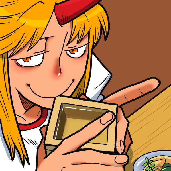 1girl alcohol blonde_hair brown_background closed_mouth commentary_request cone_horns cup dutch_angle food half-closed_eyes holding holding_cup horns hoshiguma_yuugi long_hair looking_at_viewer masu onikobe_rin orange_eyes parted_bangs red_horns sake shirt single_horn smile solo touhou white_shirt