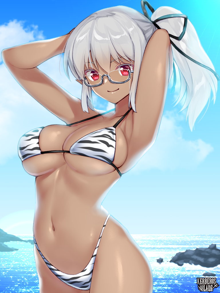 1girl armpits arms_behind_head bikini black_ribbon breasts copyright_name dark-skinned_female dark_skin day glasses grey_hair hair_ribbon kerberos_blade kurutia_dorent medium_breasts navel ocean outdoors ozuka_suma print_bikini red_eyes ribbon standing swimsuit