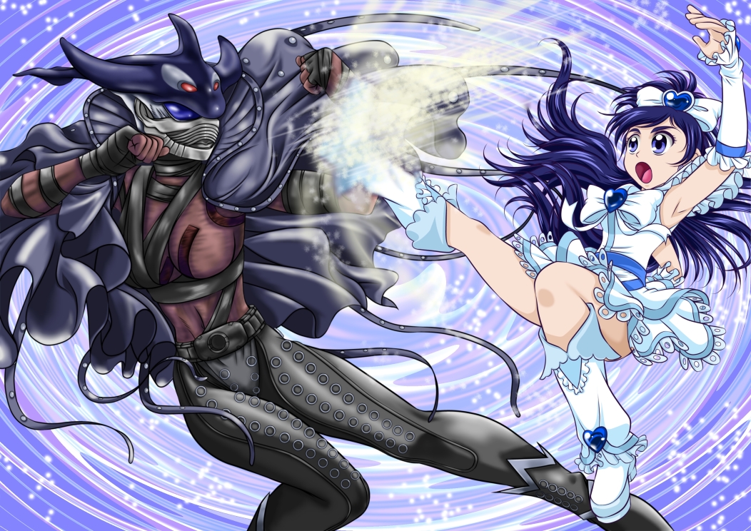00s 2girls armpits battle boots brooch crossover cure_white futari_wa_precure half_updo heart heart_brooch jewelry kamen_rider kamen_rider_ooo_(series) knee_boots magical_girl mezul multiple_girls precure tarisa voice_actor_connection white_footwear yukana yukishiro_honoka