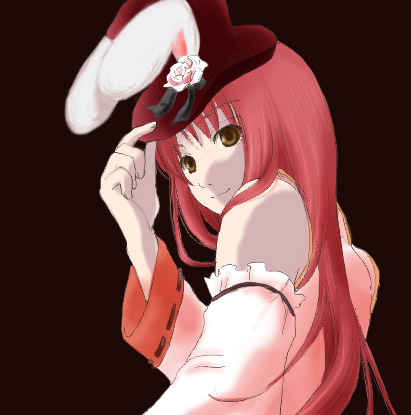 1girl animal_ears brown_eyes closed_mouth commentary_request detached_sleeves fake_animal_ears flower hat hat_flower hat_tip long_hair looking_at_viewer looking_to_the_side lowres pink_hair puiko_(rivulet_brook) ragnarok_online red_background red_hat rose simple_background smile solo star_gladiator_(ragnarok_online) top_hat upper_body white_flower white_rose white_sleeves