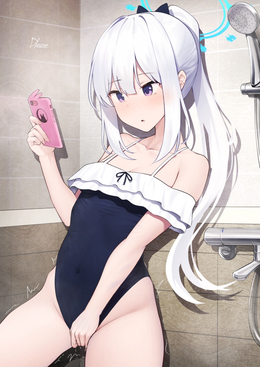1girl bare_shoulders blue_archive blue_halo bow breasts clothed_masturbation collarbone covered_navel driftkingtw female_masturbation fingering fingering_through_clothes frilled_one-piece_swimsuit frills hair_bow halo highleg highleg_one-piece_swimsuit highres holding holding_phone long_hair masturbation masturbation_through_clothes miyako_(blue_archive) miyako_(swimsuit)_(blue_archive) off-shoulder_one-piece_swimsuit off_shoulder official_alternate_costume official_alternate_hairstyle one-piece_swimsuit phone ponytail purple_eyes pussy_juice shower_(place) shower_head small_breasts solo swimsuit through_clothes white_hair
