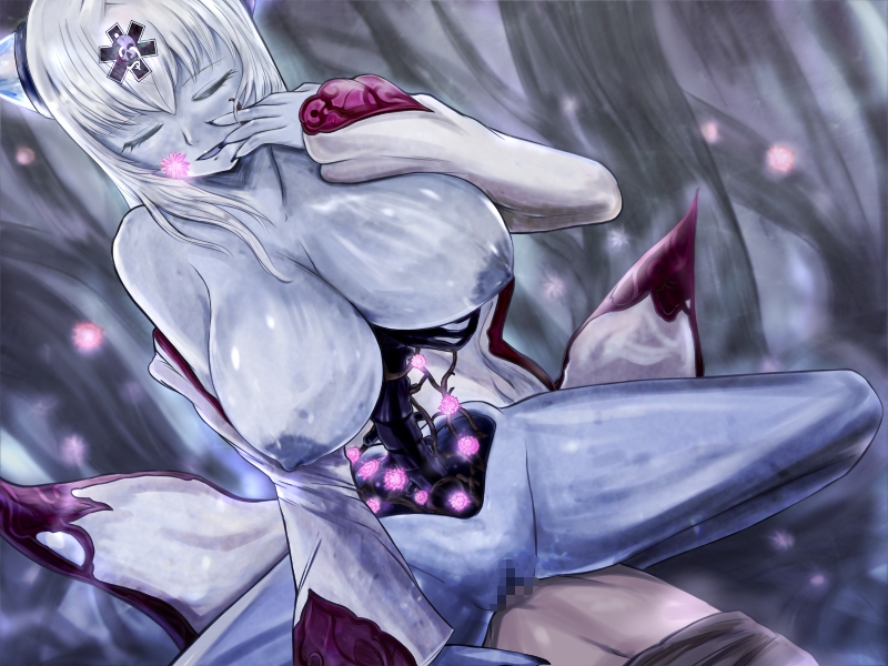 1boy 1girl blue_skin censored colored_skin femdom hetero la_croix luka_(mon-musu_quest!) mon-musu_quest! monster_girl sex silver_hair spoilers undead vaginal zombie zombie_girl