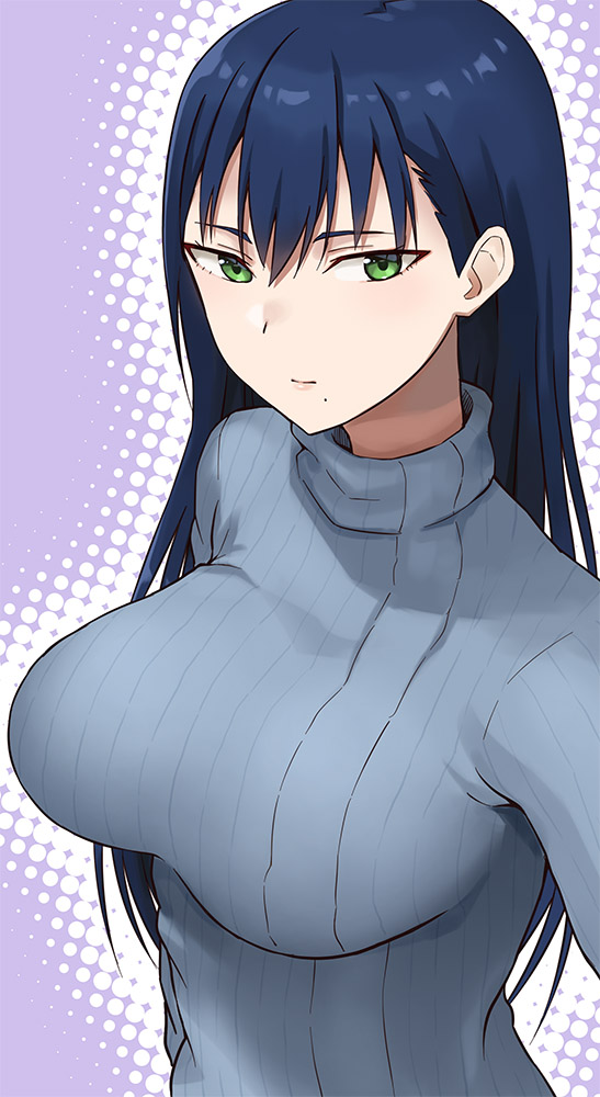 1girl blue_hair breasts closed_mouth commentary_request green_eyes grey_sweater hair_between_eyes hashi large_breasts light_smile long_hair looking_at_viewer mole mole_under_mouth simple_background smile solo sweater toki-sensei_(toki_sensei_wa_kigaetai) toki_sensei_wa_kigaetai turtleneck turtleneck_sweater
