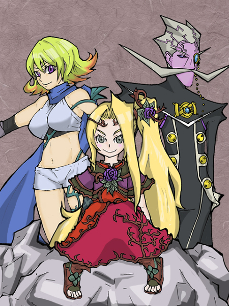 1boy 2girls arlon_(kid_icarus) blonde_hair cragalanche dress facial_hair flower kid_icarus kid_icarus_uprising midriff multiple_girls mustache nintendo phosphora purple_eyes sandals scarf simple_background smirk viridi yellow_eyes
