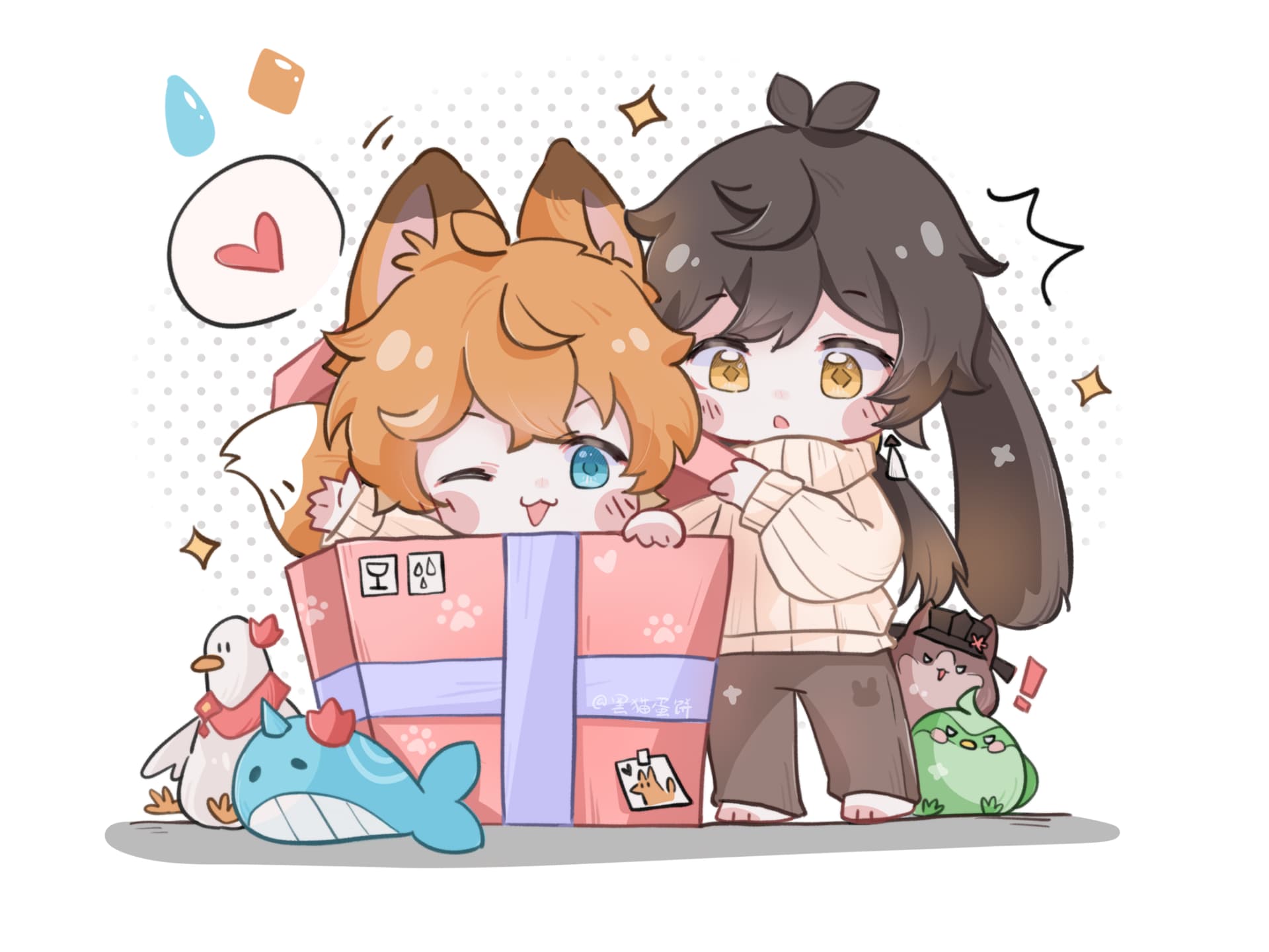 2boys alternate_costume animal_ears bird box dimples duck fox_ears genshin_impact gift gift_box heart highres multiple_boys narwhal rabbit_ears smile sparkle speech_bubble sweater tartaglia_(genshin_impact) turtleneck turtleneck_sweater u9ed1u7fbd waving white_background zhongli_(genshin_impact)