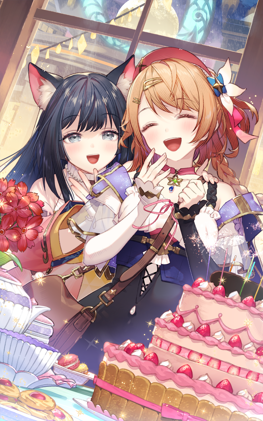 2girls :d ^_^ animal_ear_fluff animal_ears atelier_(series) atelier_resleriana birthday birthday_cake black_hair blue_eyes blush braid brown_bag brown_hair cake cat_ears cat_girl choker closed_eyes cookie cup detached_sleeves flower food hair_ornament hairclip hat highres indoors izana_kokoschka long_hair long_sleeves multiple_girls non-web_source official_art open_mouth pink_choker pink_hat red_flower resna_sternenlicht smile standing teacup teapot umiu_geso window