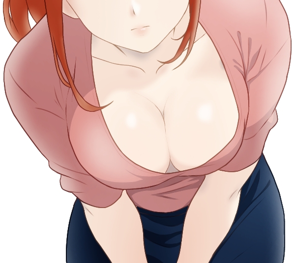 1girl breast_focus breasts cleavage collarbone commentary_request downblouse eyes_out_of_frame head_out_of_frame large_breasts matsu48021720 original pink_shirt scoop_neck shirt sidelocks simple_background solo v_arms white_background