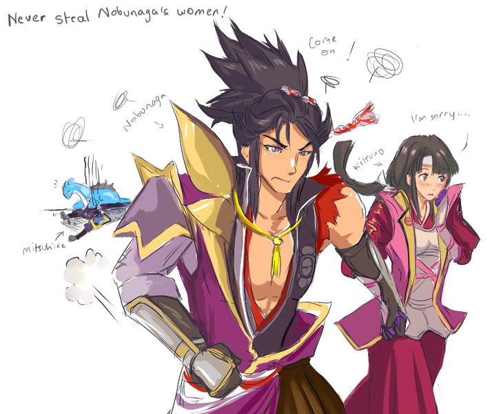 akechi_mitsuhide_(sengoku_musou) armor black_hair blush brown_eyes brown_hair detached_sleeves english_text gen_1_pokemon hakama hand_to_head headband holding_hands jacket japanese_clothes kimono lapras long_hair motion_lines nintendo npc_trainer oda_nobunaga open_clothes open_jacket parted_bangs pokemon pokemon_conquest pokemon_on_back ponytail sengoku_musou spiked_hair topknot vambraces