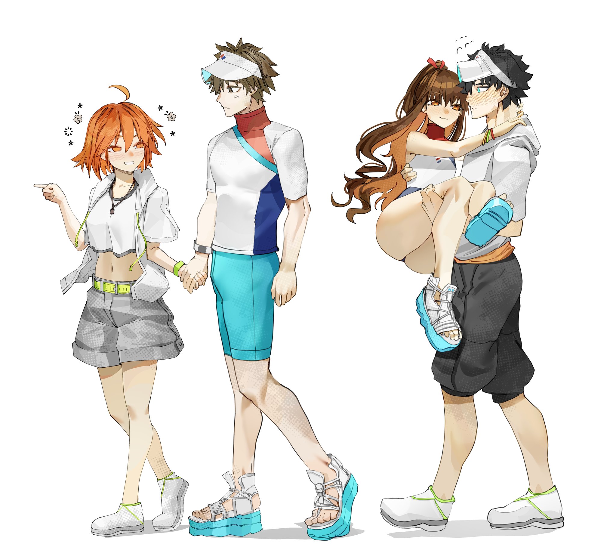 2boys 2girls ahoge bare_shoulders belt black_hair black_shorts blue_eyes blue_footwear blue_one-piece_swimsuit blue_shorts breasts brown_eyes brown_hair bulge carrying cropped_shirt drawstring fate/grand_order fate_(series) fujimaru_ritsuka_(female) fujimaru_ritsuka_(female)_(summer_street) fujimaru_ritsuka_(male) full_body grey_shorts grin hair_ornament hair_scrunchie hat highres holding_hands hooded_shirt jacket jewelry kishinami_hakuno_(female) kishinami_hakuno_(male) long_hair medium_breasts midriff multicolored_swimsuit multiple_boys multiple_girls navel necklace obazzotto one-piece_swimsuit one_side_up orange_eyes orange_hair ponytail princess_carry sandals scrunchie see-through_clothes shirt shirt_overhang shoes short_hair short_sleeves shorts sidelocks small_breasts smile sneakers swimsuit visor_cap white_footwear white_hat white_jacket white_one-piece_swimsuit white_shirt