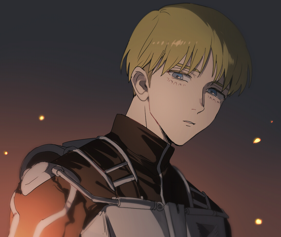 1boy armin_arlert azkn black_background black_shirt blonde_hair blue_eyes embers gradient_background looking_at_viewer male_focus parted_lips shingeki_no_kyojin shirt short_hair simple_background solo three-dimensional_maneuver_gear