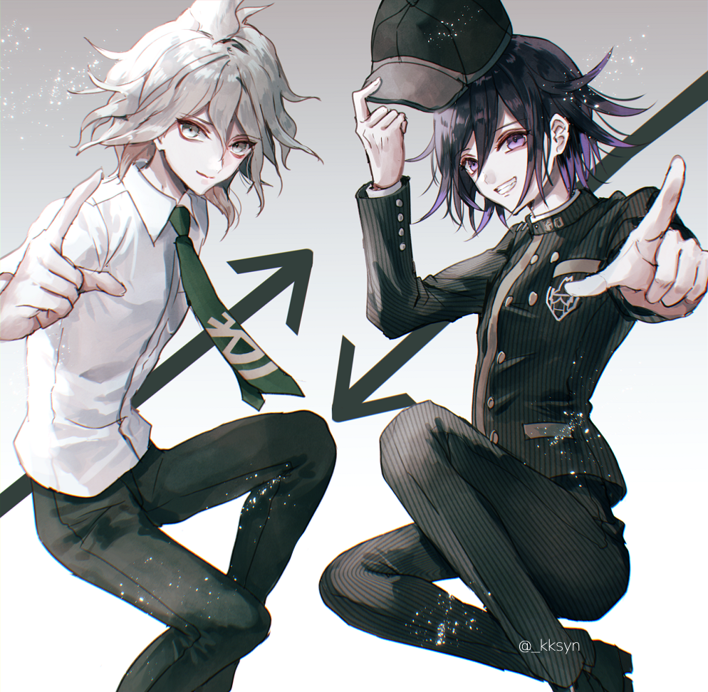 2boys arm_up arrow_(symbol) black_footwear black_hair black_headwear black_jacket closed_mouth collared_shirt cosplay danganronpa_(series) danganronpa_2:_goodbye_despair danganronpa_v3:_killing_harmony feet_out_of_frame green_necktie grey_background grey_hair grin hair_between_eyes hand_up hat hinata_hajime hinata_hajime_(cosplay) holding holding_unworn_clothes holding_unworn_hat jacket komaeda_nagito messy_hair multicolored_hair multiple_boys necktie oma_kokichi pants pink_hair print_necktie purple_eyes saihara_shuichi saihara_shuichi_(cosplay) sakuyu shirt smile striped_clothes striped_jacket striped_pants teeth two-tone_hair unworn_hat unworn_headwear white_shirt