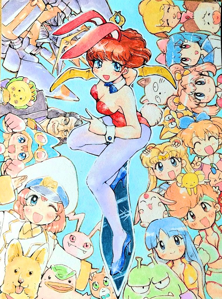 3boys 6+girls blonde_hair blue_background blue_bow blue_bowtie blue_eyes blue_hair bow bowtie brown_hair cardcaptor_sakura character_request coji-coji coji-coji_(character) crossover detached_collar digimon digimon_(creature) dirty_pair kei_(dirty_pair) kero_(cardcaptor_sakura) king_nikochan koromon leotard magic_knight_rayearth magical_taruruuto-kun mokona multiple_boys multiple_crossover multiple_girls orange_hair playboy_bunny prprtooon red_eyes red_leotard taruruuto-kun traditional_media tsukino_usagi yuri_(dirty_pair)