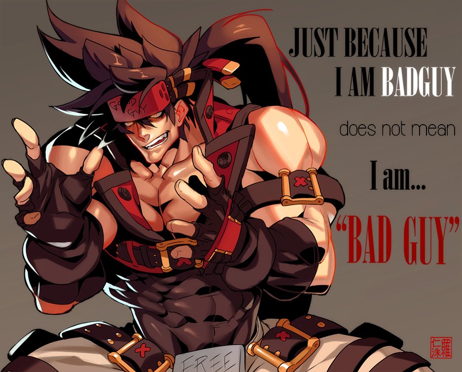 1boy ancient_aliens bara bare_shoulders belt_buckle brown_hair buckle character_name covered_abs english_text fingerless_gloves gloves guilty_gear harness headgear large_pectorals long_hair male_focus meme muscular na_insoo open_clothes parody pectorals ponytail shiny_skin simple_background sleeveless sol_badguy solo spiked_hair thighs tight_clothes yellow_eyes