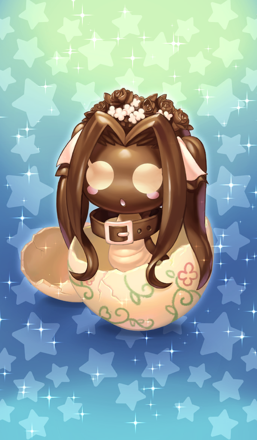 belt_collar beppu_mitsunaka blue_background blush_stickers chocolate chocolate_lady_no_karasawagi collar commentary curtained_hair egg fate/grand_order fate_(series) food food_art food_focus head_wreath medusa_(fate) medusa_(lancer)_(fate) no_humans official_art open_mouth rider sidelocks snake sparkle star_(symbol) star_symbol_background third-party_source twintails