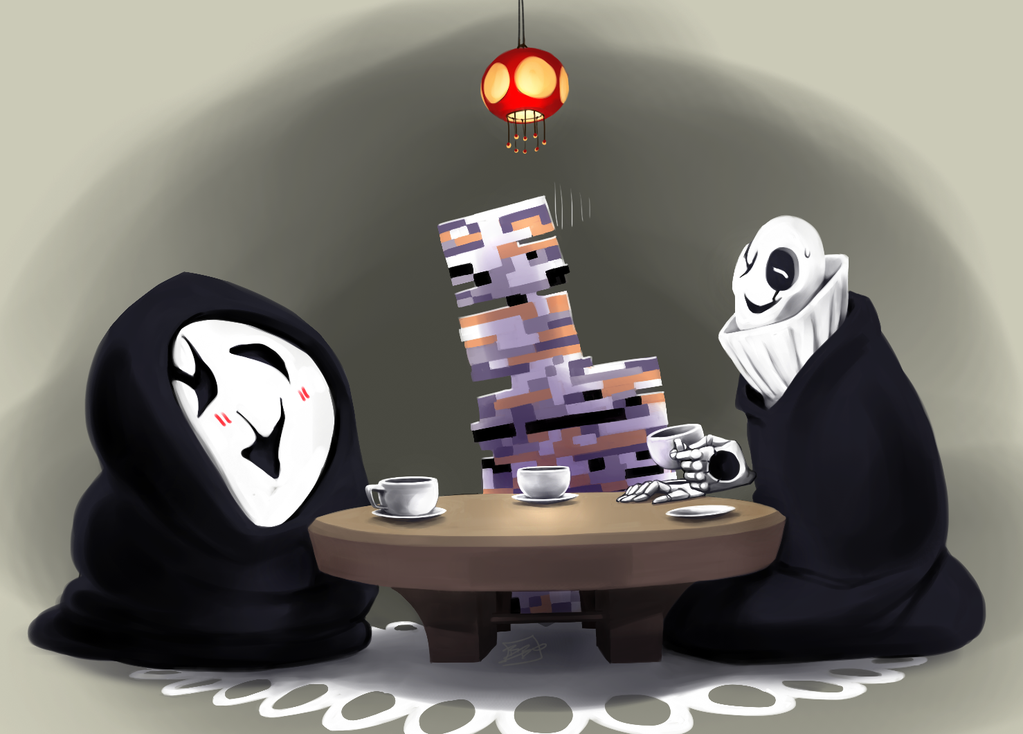 blush carpet commentary creatures_(company) crossover cup full_body game_freak grey_background holding lamp madcookiefighter missingno. multiple_crossover nintendo pokemon pokemon_(creature) pokemon_rgby sitting smile sweatdrop table teacup trait_connection uboa undertale w.d._gaster yume_nikki