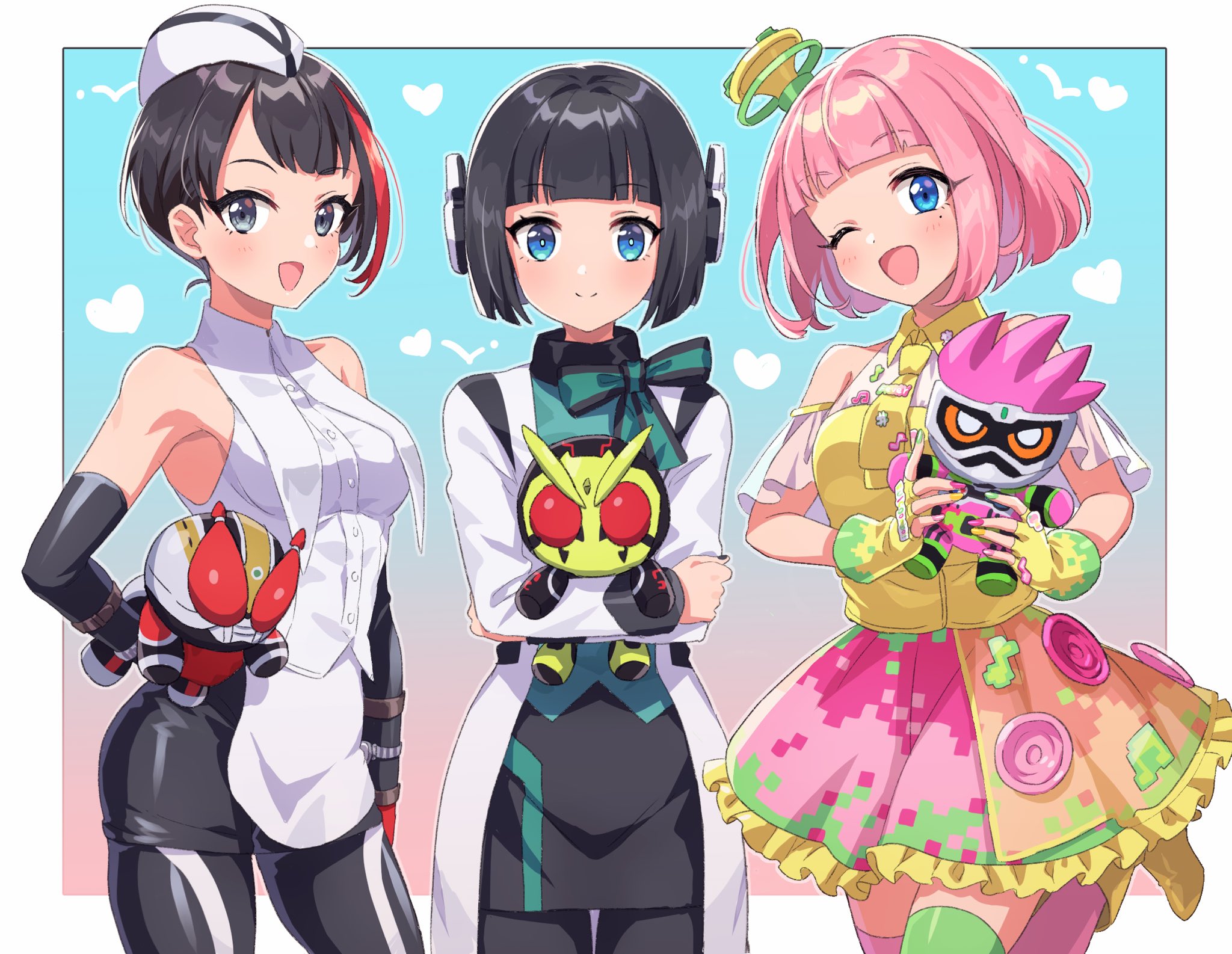 3girls android animification black_eyes black_hair blue_eyes chibi elbow_gloves gloves highres holding holding_toy humagear_headphones is_(kamen_rider_01) kamen_rider kamen_rider_01_(series) kamen_rider_den-o kamen_rider_den-o_(series) kamen_rider_ex-aid kamen_rider_ex-aid_(series) kamen_rider_zero-one multicolored_hair multiple_girls naomi_(kamen_rider_den-o) one_eye_closed pink_hair poppi_pipopapo shinonoko_(tubamecider) short_hair streaked_hair stuffed_toy toy