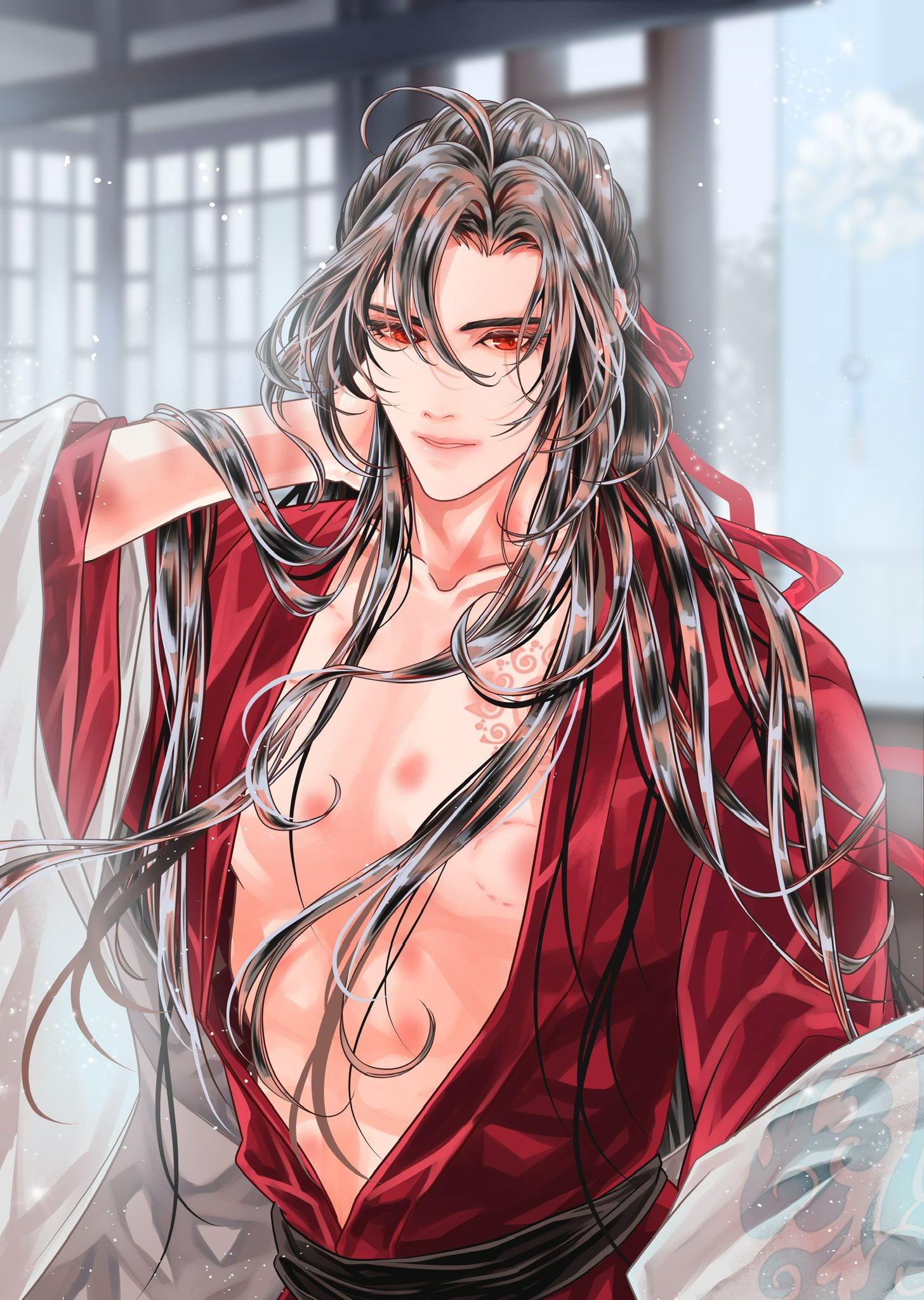 1boy ahoge alternate_costume architecture bare_pectorals bbbeyonce099 bishounen bite_mark black_hair blurry blurry_background chest_tattoo chinese_clothes closed_mouth coat collarbone day depth_of_field east_asian_architecture hair_between_eyes hair_down hair_ribbon half_updo hand_in_own_hair hand_up hanfu hickey highres implied_yaoi indoors lattice light_particles long_hair long_sleeves looking_at_viewer male_focus modao_zushi nipples official_alternate_hairstyle open_clothes open_robe parted_bangs pectorals red_eyes red_hanfu red_ribbon red_robe ribbon robe sash sidelocks sliding_doors smile solo tattoo toned toned_male upper_body very_long_hair wei_wuxian wei_wuxian_(yiling_laozu) white_coat wide_sleeves