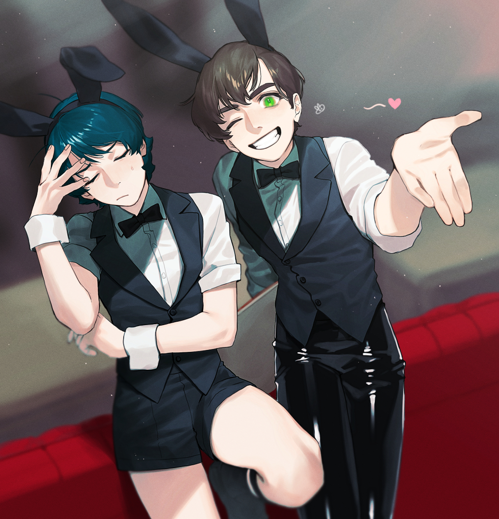 2boys :d ;d alternate_costume animal_ears artist_logo black_bow black_bowtie black_pants black_shorts black_vest blue_hair blurry blurry_background bow bowtie brown_hair closed_eyes closed_mouth collared_shirt fake_animal_ears frown green_eyes grin gundam gundam_zz hand_on_own_head heart judau_ashta kamille_bidan lapels light_particles logo long_sleeves looking_at_viewer male_focus multiple_boys notched_lapels one_eye_closed open_mouth pants rabbit_ears reaching reaching_towards_viewer shirt short_hair short_sleeves shorts smile standing standing_on_one_leg sweat traditional_bowtie u_u ususio_11 vest white_shirt wing_collar wrist_cuffs