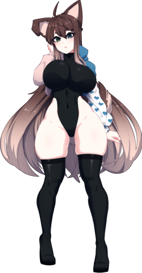1girl animal_ears black_leotard blue_eyes boots brown_hair cropped_jacket dog_ears dog_girl dog_tail full_body gradient_hair green_eyes hair_between_eyes heart heart_print heterochromia highleg highleg_leotard karmanseph leotard lips long_hair multicolored_hair original pout skin_tight standing tail thick_eyebrows thigh_boots white_background