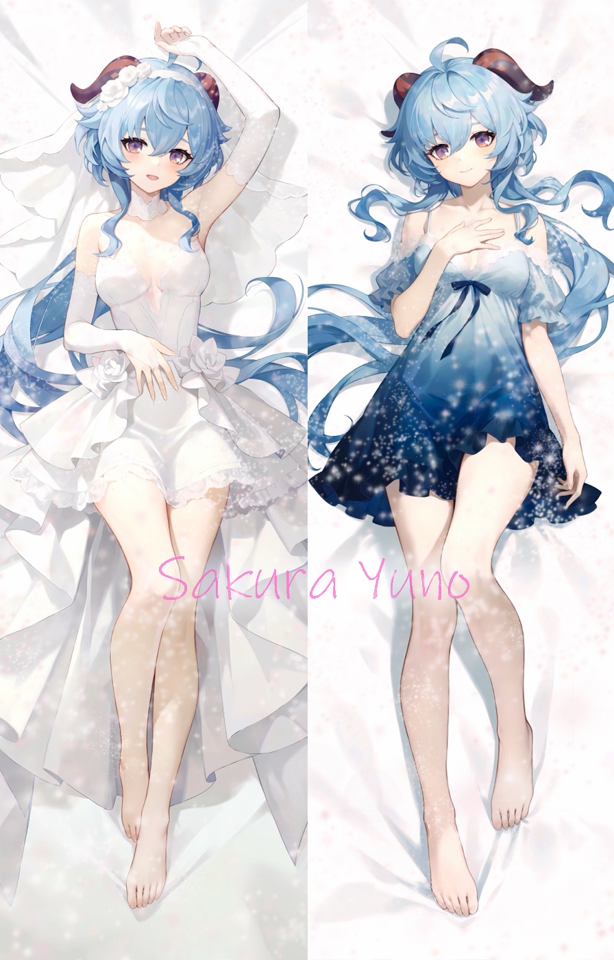 1girl ahoge alternate_costume arm_up bare_shoulders barefoot blue_dress blue_hair blush breasts breasts_apart bridal_gauntlets closed_mouth collarbone commentary_request dakimakura_(medium) dress flower full_body ganyu_(genshin_impact) genshin_impact goat_horns hair_between_eyes hair_flower hair_ornament hairband hand_on_own_chest highres horns long_hair looking_at_viewer lying medium_breasts multiple_views on_back parted_lips purple_eyes sleeveless sleeveless_dress smile spaghetti_strap strapless strapless_dress toenails very_long_hair white_bridal_gauntlets white_dress white_flower white_hairband yutian_alice