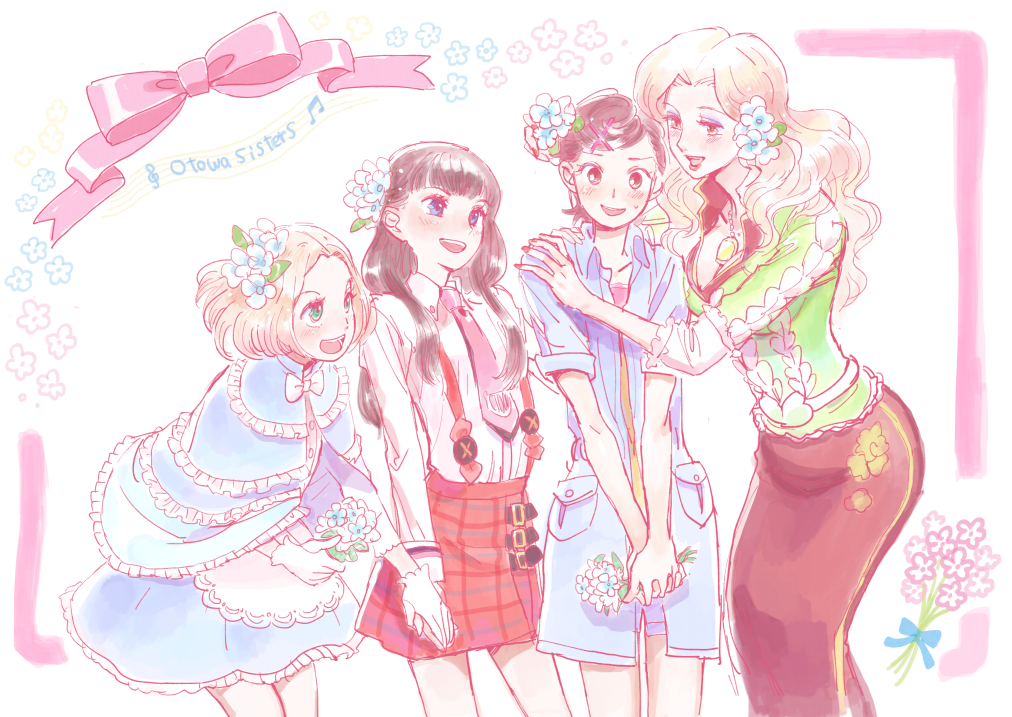 4girls black_hair blue_coat blush breasts brown_hair capelet classicaloid cleavage coat eyeshadow flower franz_liszt_(classicaloid) frilled_capelet frills gloves green_shirt gumiuchi hair_flower hair_ornament holding holding_flower holding_hands hug long_sleeves makeup multiple_girls necktie open_mouth otowa_kanae pink_necktie pink_ribbon plaid_clothes plaid_skirt purple_eyeshadow pyotr_illyich_tchaikovsky_(classicaloid) red_skirt ribbon shirt skirt suspenders tekla_badarzewska-baranowska_(classicaloid) white_gloves