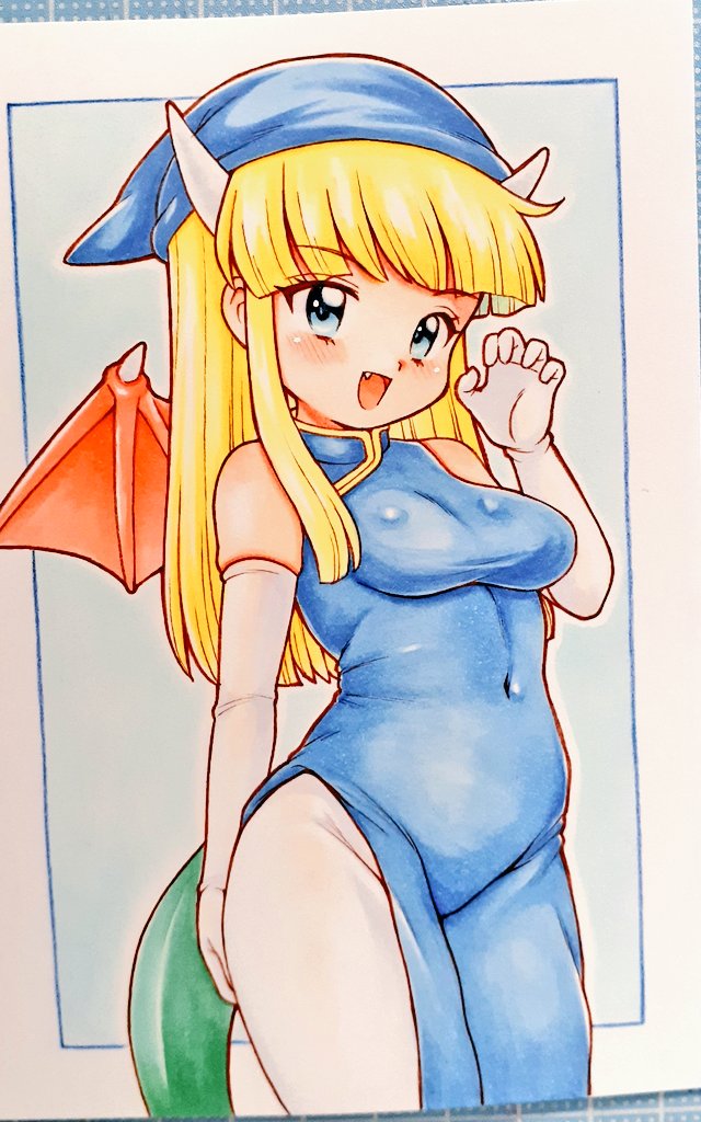 1girl blonde_hair blue_dress blue_eyes blue_hat breasts china_dress chinese_clothes claw_pose commentary_request cosplay covered_navel cowboy_shot draco_centauros draco_centauros_(cosplay) dragon_girl dragon_horns dragon_tail dragon_wings dress elbow_gloves fang gloves green_tail groin hand_up hat horns kaoru3006 long_hair narrow_waist open_mouth pantyhose puyopuyo red_wings sidelocks skindentation smile solo tail traditional_media white_gloves white_horns white_pantyhose wide_hips wings witch_(puyopuyo)