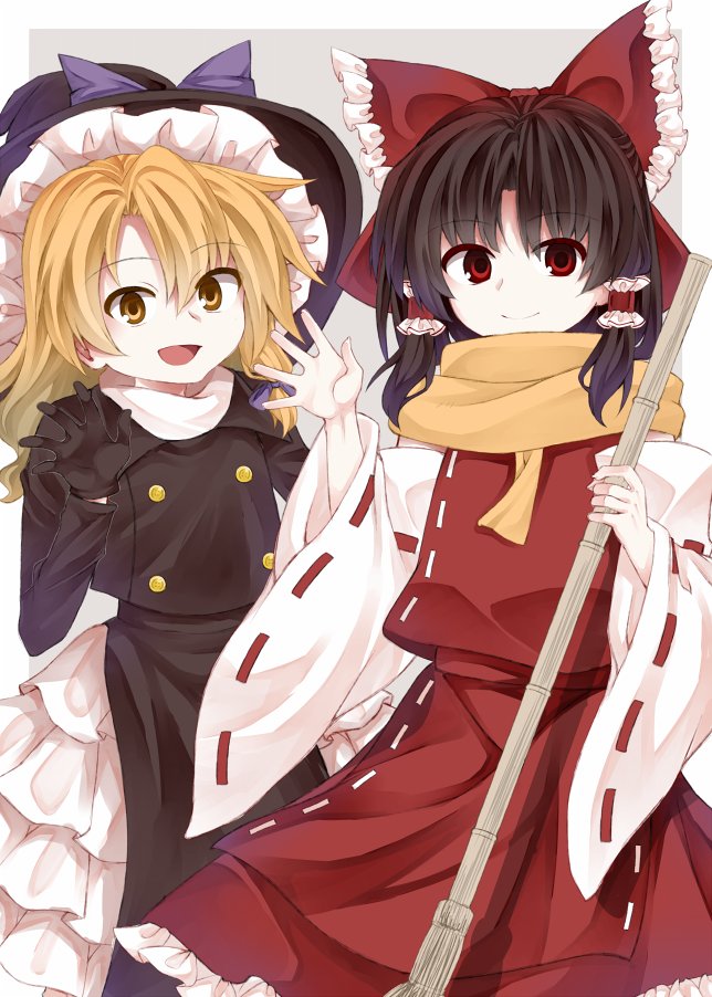 :d black_gloves black_hair black_headwear blonde_hair bow braid broom closed_mouth gloves grey_background hair_bow hakurei_reimu hat holding holding_broom kirisame_marisa long_hair looking_at_viewer medium_hair open_mouth red_bow red_eyes ribbon-trimmed_sleeves ribbon_trim scarf side_braid single_braid smile touhou wide_sleeves witch_hat yellow_eyes yellow_scarf zetsumame