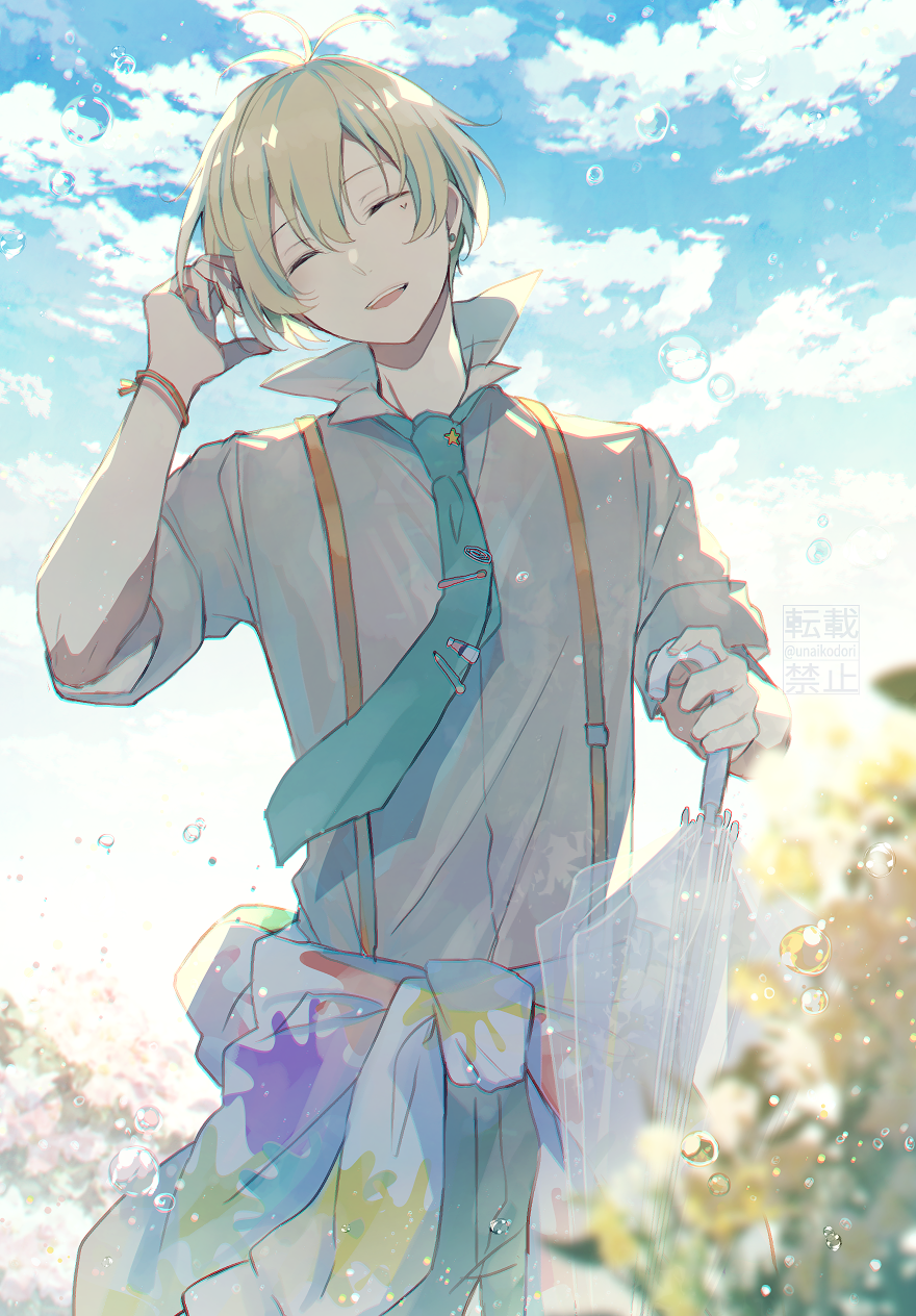 1boy blue_sky closed_eyes closed_umbrella cloud cloudy_sky hanazono_momohito heart_on_cheek highres holding holding_umbrella idolmaster idolmaster_side-m idolmaster_side-m_growing_stars kame_(unaikodori) light_green_hair male_focus open_mouth short_hair sky smile solo transparent transparent_umbrella umbrella