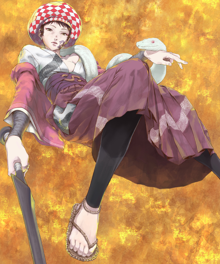1girl animal_print arm_wrap belir black_hair blade_of_the_immortal brown_eyes brown_hair closed_mouth diamond_(shape) doa_(blade_of_the_immortal) drawing_on_another&#039;s_face earrings fingernails flat_chest hakama hakama_skirt hat holding holding_weapon invisible_chair japanese_clothes jewelry leaning_back looking_at_viewer off_shoulder pants short_hair sitting skirt snake stud_earrings tight_clothes tight_pants toenails waraji weapon yellow_background