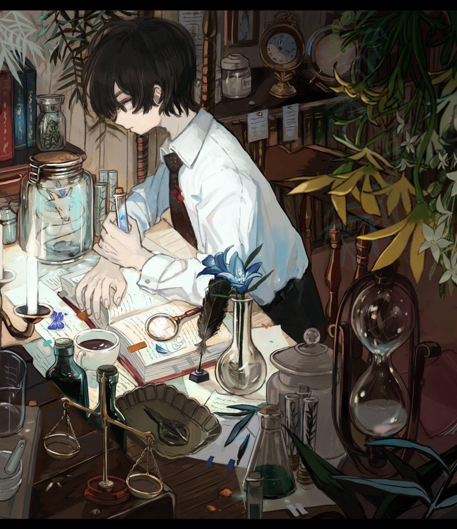 1boy analog_clock bad_id bad_twitter_id balance_scale beaker black_eyes black_hair black_necktie black_pants blouse book bookmark bookshelf bug butterfly candle candlelight candlestand chair chemistry_set clock coffee collared_shirt cup dragon dress_shirt erlenmeyer_flask feathers flask flower globe highres holding hourglass indoors inkwell insect jar lily_(flower) long_sleeves looking_away looking_down magnifying_glass male_focus mortar_(bowl) necktie note open_book original pants paper pen pestle plant quill scissors shirt sitting solo studying table teacup test_tube uzume_(uzume_e) weighing_scale white_shirt