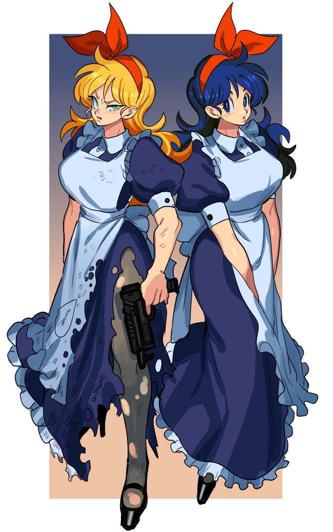 2girls alternate_costume apron blonde_hair blue_eyes blue_hair commentary curly_hair dragon_ball dragon_ball_(classic) dress dual_persona frilled_apron frills green_eyes gun hair_ribbon hairband holding holding_weapon long_hair lunch_(bad)_(dragon_ball) lunch_(dragon_ball) lunch_(good)_(dragon_ball) maid maid_apron multiple_girls nanika_(nnkgh) pantyhose puffy_short_sleeves puffy_sleeves red_hairband ribbon shoes short_sleeves submachine_gun torn_clothes weapon white_apron