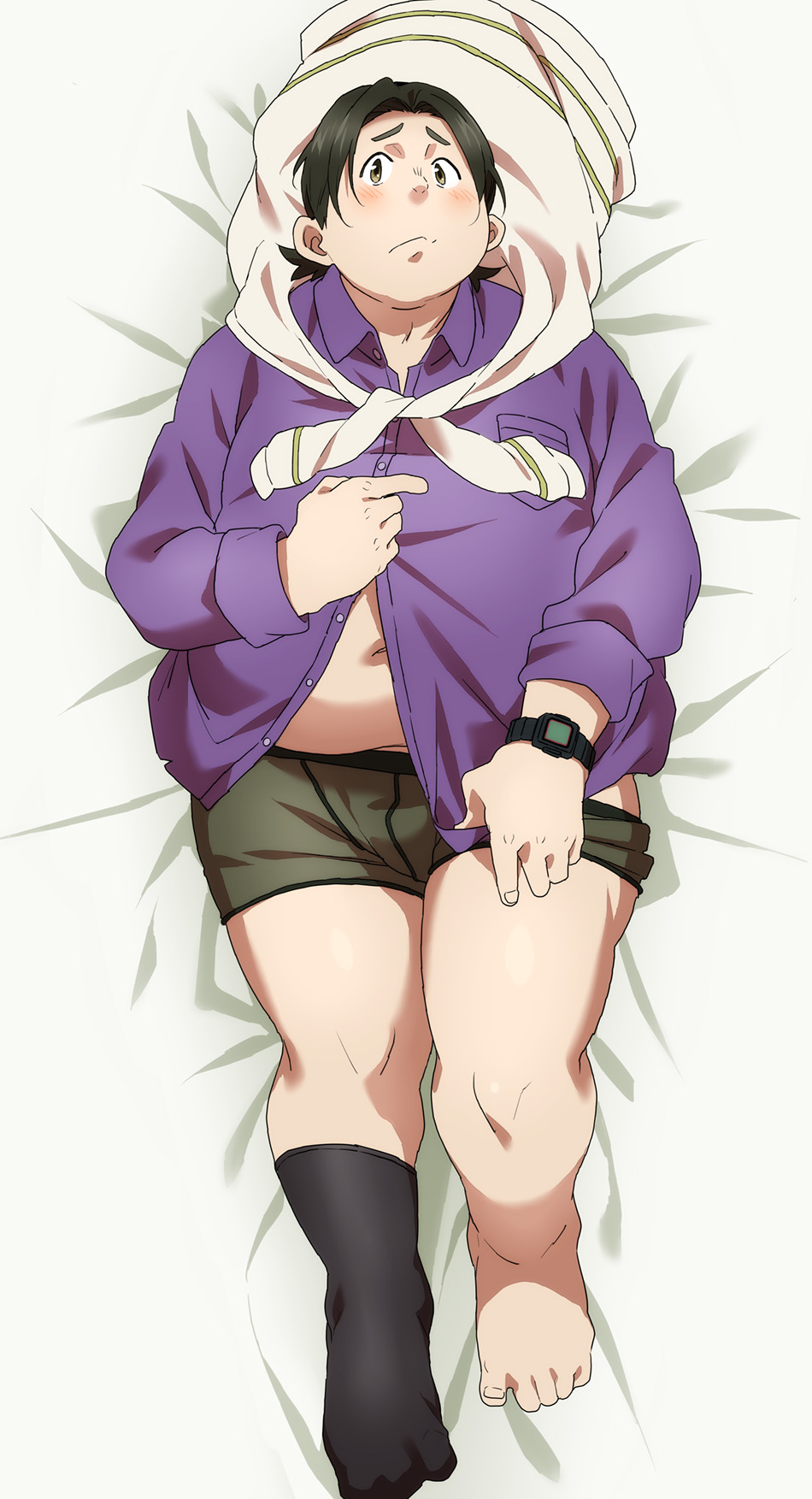 1boy bara bed_sheet black_hair black_socks blush closed_mouth collared_shirt dakimakura_(medium) fat grey_male_underwear highres honda_yutaka jacket_around_neck long_sleeves looking_at_viewer lying male_focus male_underwear on_back partially_unbuttoned purasu_no_konbu purple_shirt shirobako shirt short_hair single_sock socks solo underwear watch wristwatch