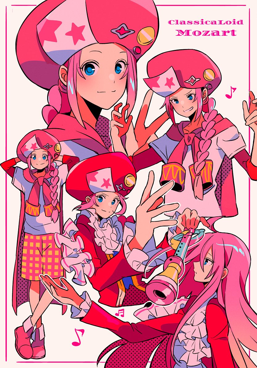 1boy arms_behind_head ascot blue_eyes braid character_name classicaloid copyright_name flute grin hat holding holding_instrument instrument jacket_around_neck long_hair long_sleeves male_focus musical_note pink_hair pink_shoes recorder red_hat red_shirt sanamaru_(sana79261827) shirt shoes shorts smile white_ascot white_shirt wolfgang_amadeus_mozart_(classicaloid)