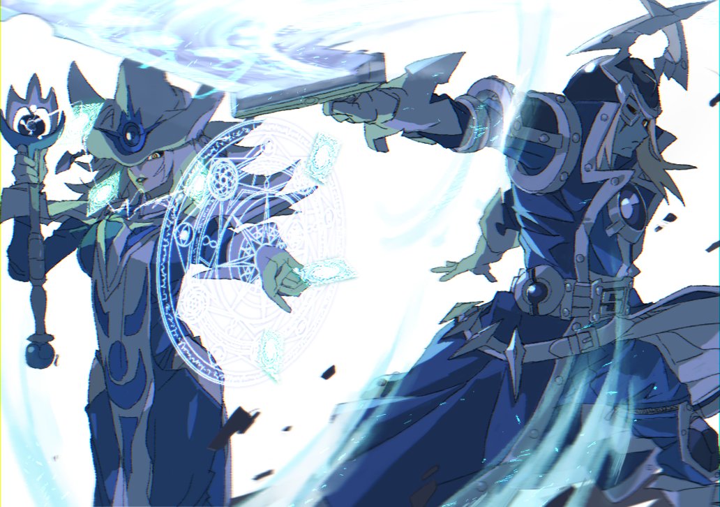 1boy 1girl armor duel_monster fake_horns gloves hat helmet holding holding_staff holding_sword holding_weapon horned_helmet horns layeyes shoulder_armor silent_magician silent_swordsman staff sword tabard weapon white_gloves white_hat white_tabard wizard_hat yu-gi-oh!