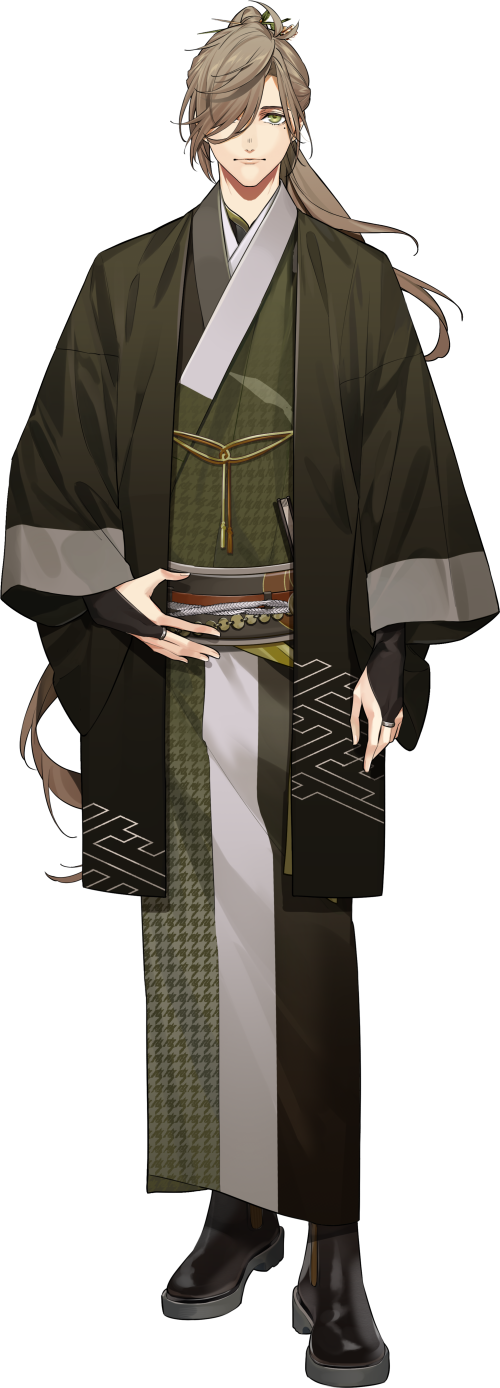 1boy arm_at_side artist_collaboration black_boots black_bridal_gauntlets black_jacket black_sash boots bridal_gauntlets brown_hair full_body green_eyes green_kimono hair_over_one_eye hand_fan hand_on_own_hip haori highres jacket japanese_clothes kimono long_hair long_sleeves looking_at_viewer male_focus mole mole_under_eye natsuko_(bluecandy) nijisanji official_alternate_costume official_alternate_hairstyle official_art oliver_evans oliver_evans_(4th_costume) ponytail sash sayagata simple_background solo standing straight-on tachi-e transparent_background virtual_youtuber yukko_(matakite_4kaku)