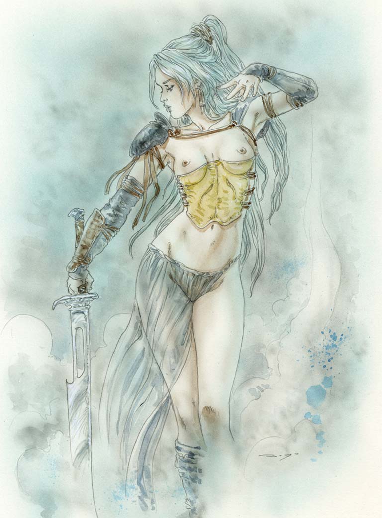 1girl boots bracelet breasts collarbone corset detached_sleeves ear_piercing half-closed_eyes jewelry knee_boots lips luis_royo navel nipples no_feet no_panties official_art original paint_splatter parted_bangs piercing ponytail sarong shoulder_guard single_knee_boot sword thighs traditional_media weapon white_hair yellow_corset