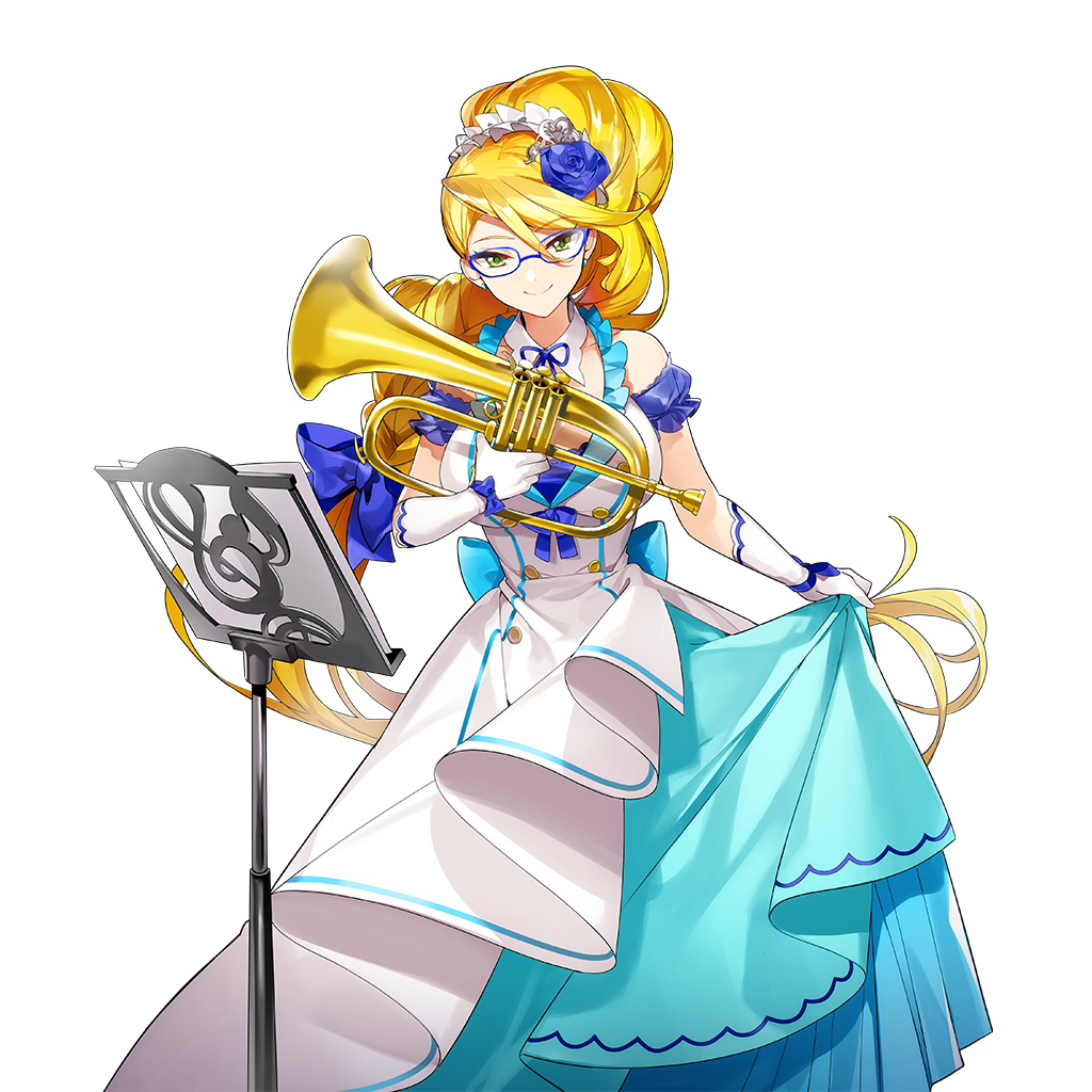 1girl blonde_hair blue_dress blue_flower blue_rose braid breasts dress flower glasses gloves hair_flower hair_ornament holding holding_instrument holding_trumpet instrument large_breasts long_hair masyu_yuyu off_shoulder rose sheet_music single_braid torte_zief trumpet uchi_no_hime-sama_ga_ichiban_kawaii white_gloves yellow_eyes